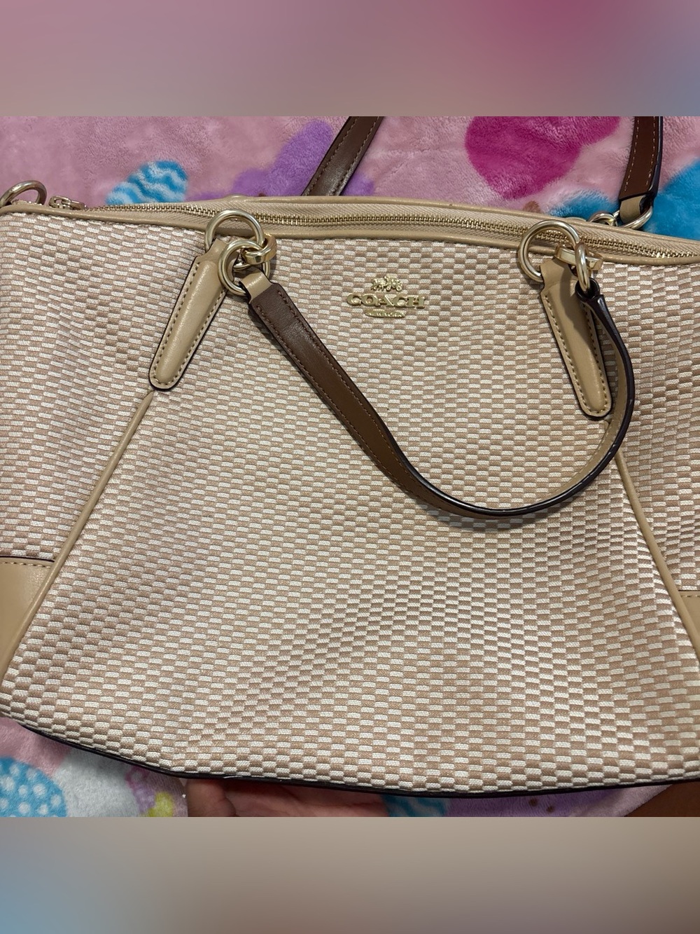 Coach Beige Woven Satchel with Brown Leather Handles and Gold Hardware